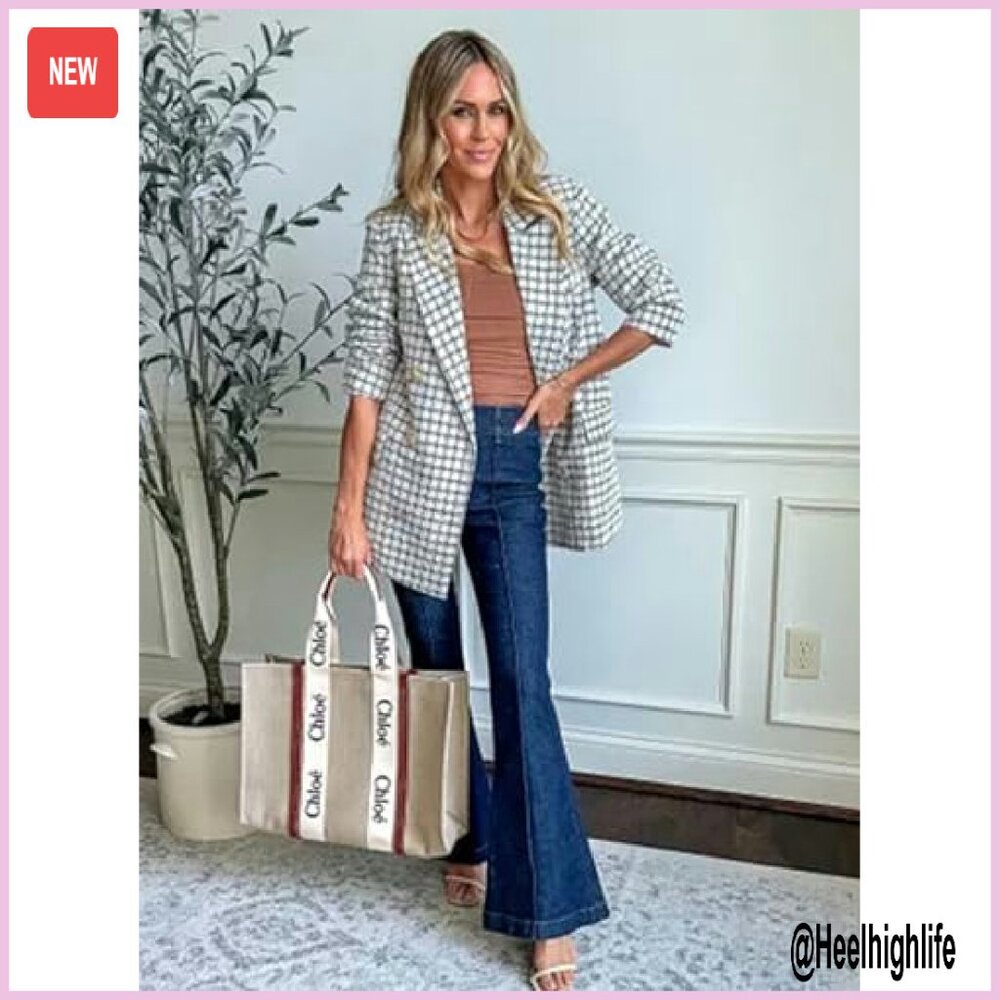 Women's Plaid Tweed Blazer Double Breasted Open Front Work Jacket - Picture 7 of 8